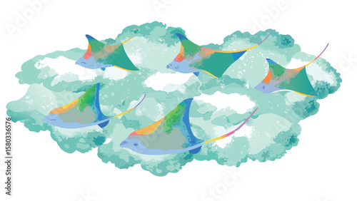 Illustration of a group of colorful manta rays swimming amidst fluffy turquoise clouds scenery