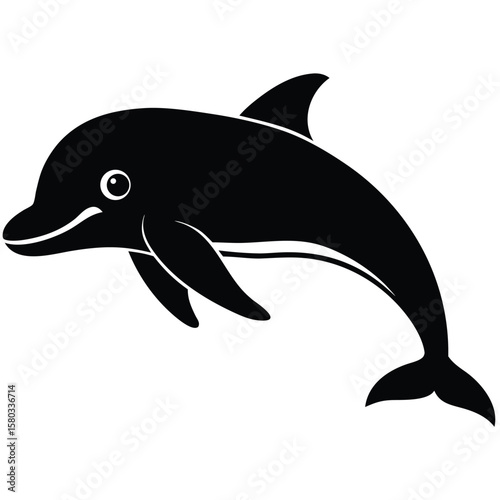 Black Silhouette of a Dolphin Jumping, Graceful Marine Animal Illustration