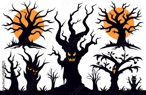 6 Spooky Halloween Tree Silhouettes Vector Pack
