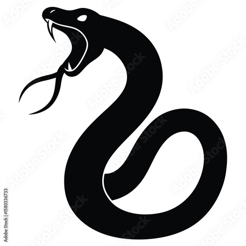 Black Silhouette of a Coiled Snake with Open Mouth and Forked Tongue Ready to Strike