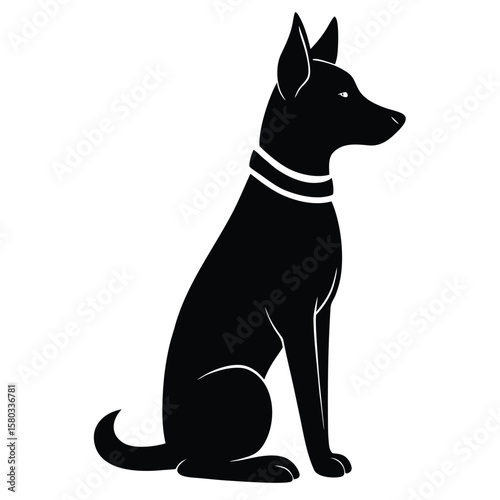 Black Silhouette of a Seated Dog Wearing a Collar Isolated on White
