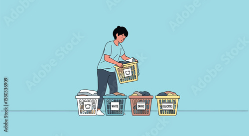 Person Sorting Laundry into Labeled Bins for Whites, Darks, Colors, and Delicates - Flat Illustration
