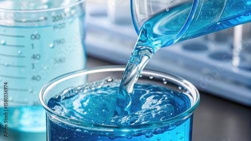 Blue liquid is being poured into a beaker in a chemistry lab