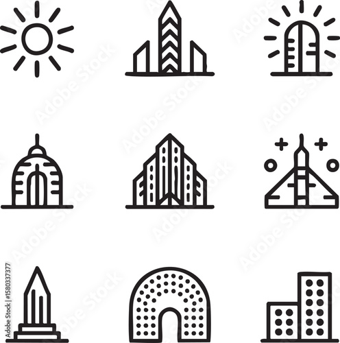 Black line art icon set featuring sun skyscraper siren dome rocket and buildings architecture