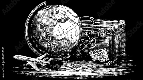 Set with globe, suitcase, and airplane in monochrome style. Classic travel vector illustration with hand-drawn textures and vintage details.