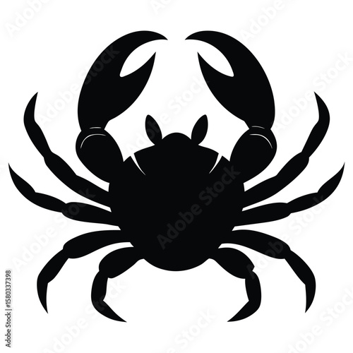 Isolated silhouette illustration of a crab with raised claws on a white backdrop