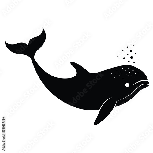 Monochrome Illustration Silhouette of a Dolphin with Air Bubbles on White Surface