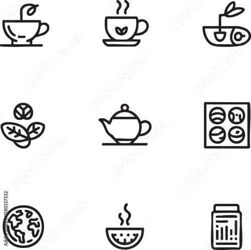 Black line art icon set featuring tea cups plant sprout teapot earth and food items coffee cup