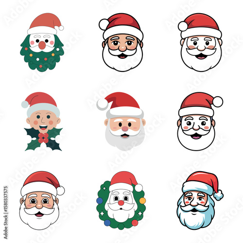 Collection of diverse cartoon santa claus faces for festive designs