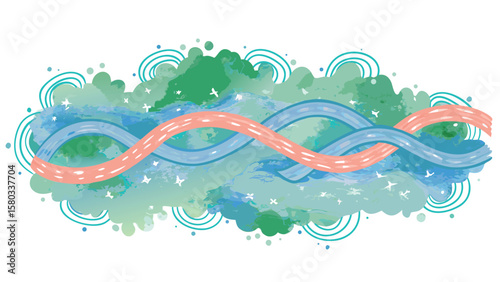 Watercolor illustration of intertwined blue and pink ribbons over a green and blue background