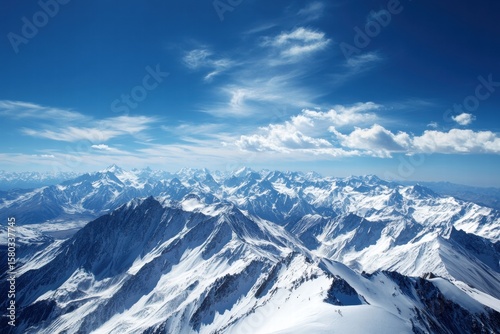 High altitude snowy mountains under clear blue sky