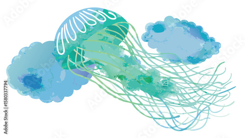 Watercolor illustration of a jellyfish with long tentacles and cloud like shapes around it