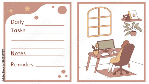 Aesthetic flat illustration of a person working at a desk with a computer plant and books next to a daily planner with sections for tasks notes and reminders