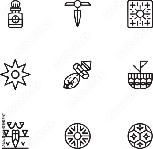 Black outline icon set featuring ancient artifacts and symbols bottle dagger