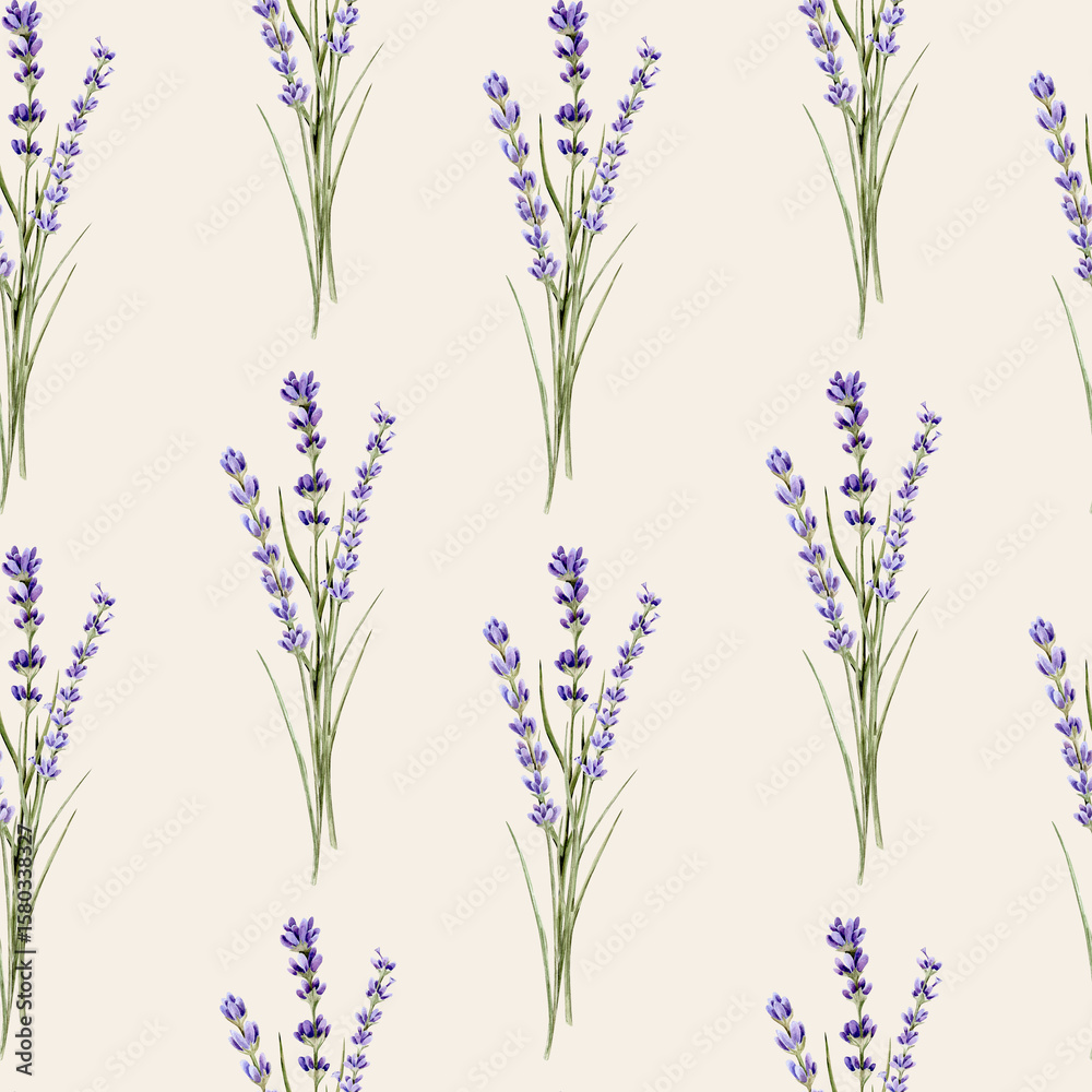 Naklejka premium Watercolor seamless pattern with bouquets with lavender on a beige background