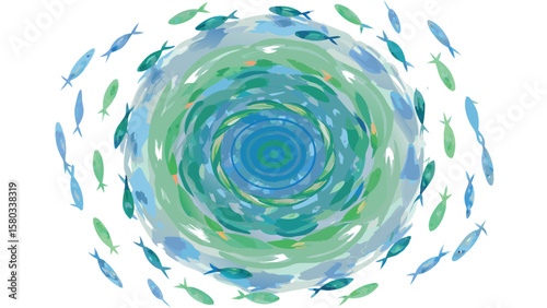 Watercolor painting of a vortex with fish swimming around in a circular motion in shades of blue and green