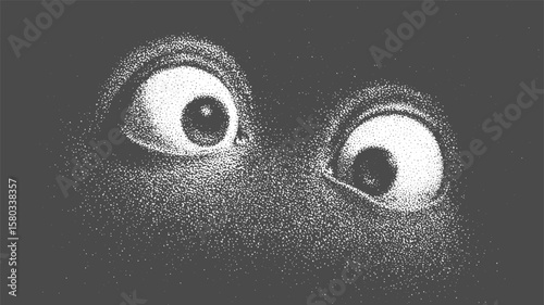Eyes with blank irises and upward gaze in stipple style. Monochrome pointillism closeup vector illustration with graphic contrast.
