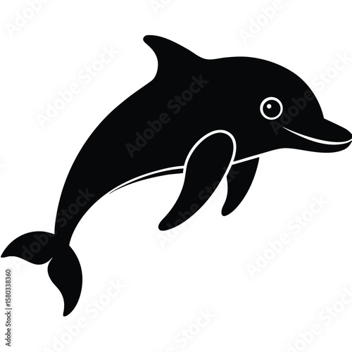 Smiling Dolphin Silhouette Image, Cartoon Aquatic Mammal, Sea Animal Illustration, Ocean Life