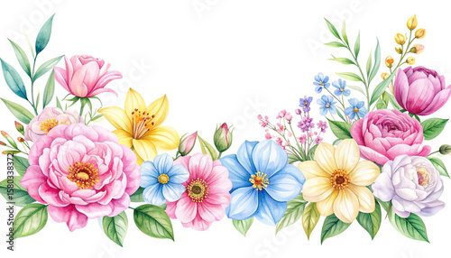 Colorful spring flowers blooming isolated on white background