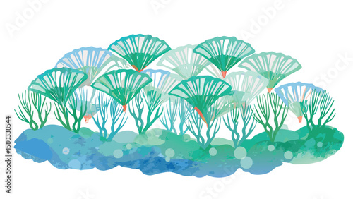 Watercolor illustration of stylized ginkgo trees in shades of green and blue on a white background
