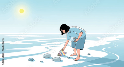Barefoot Girl Picking Up Colorful Object by Calm Water Minimalist Illustration