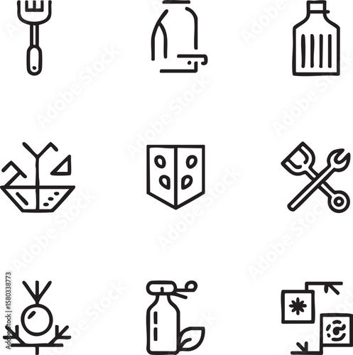 Black outline icon set for gardening and tools gardening tools rake