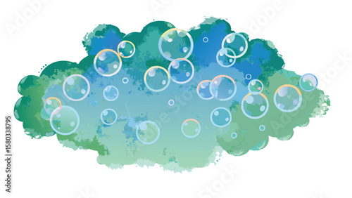 Watercolor cloud with floating bubbles in shades of blue and green for a dreamy and ethereal effect