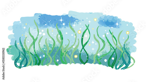 Aesthetic watercolor illustration of green seaweed with blue background and sparkling light effects