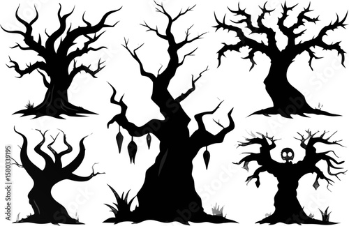 6 Spooky Halloween Tree Silhouettes Vector Pack