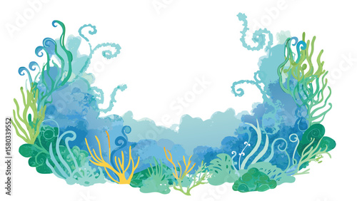 Watercolor illustration of underwater scene with seaweed and plants in shades of blue and green