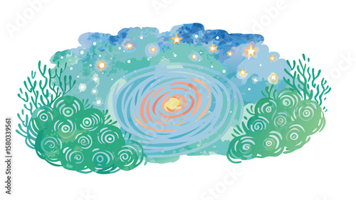 Watercolor painting of a swirling galaxy surrounded by greenery and twinkling stars at night time