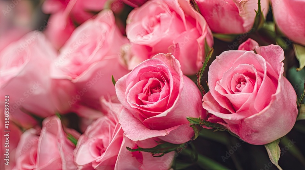 Fototapeta premium Close-up showcases a vibrant bunch of fresh, delicate pink roses with soft lighting, conveying love