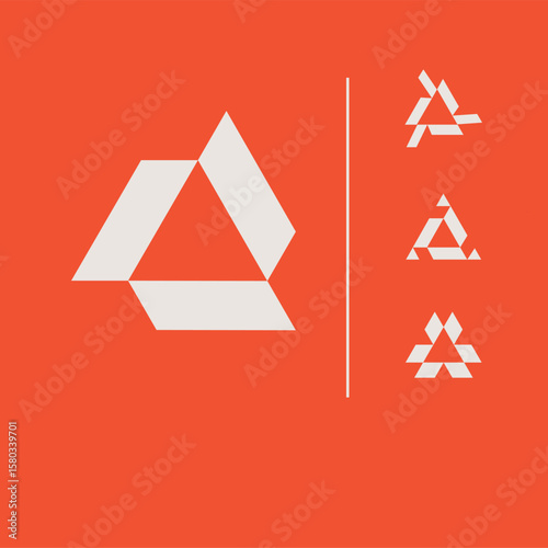 A modern and minimalist logo design kit featuring a bold triangular motif on a vibrant red-orange background. The main logo is a large, continuous triangle made from three.
