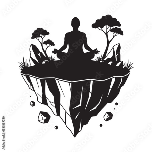 Black Silhouette of Meditating Person on Floating Island. Yoga and Mindfulness Vector Clipart