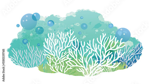 Watercolor illustration of white coral with green algae and floating blue bubbles in the ocean