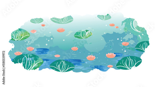 Illustration of a pond with lily pads and lotus flowers in a watercolor style with a blue background