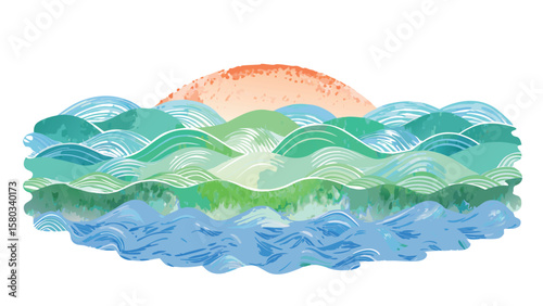 Illustration of ocean waves with a sunset featuring teal green and blue watercolor style elements