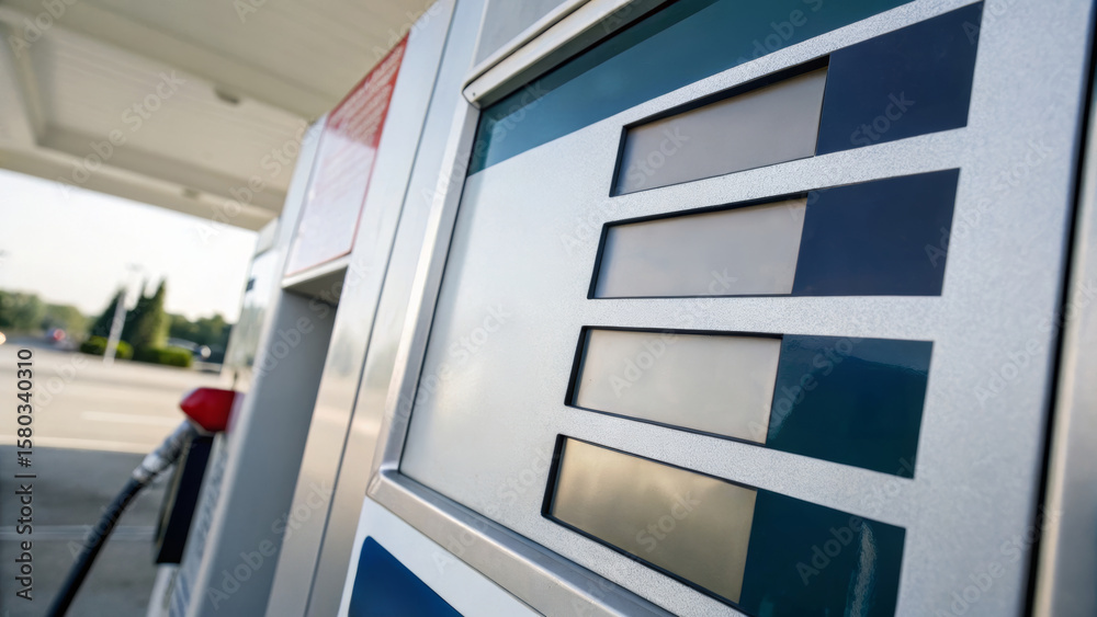 Obraz premium Cost of living increase and inflation. Gasoline pump display with empty price and quantity fields, fuel nozzle inserted, outdoor gas station. Rising prices,financial pressure,economic crisis