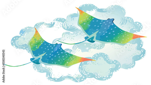 Two spotted eagle rays swimming gracefully through a whimsical cloudscape illustration art style