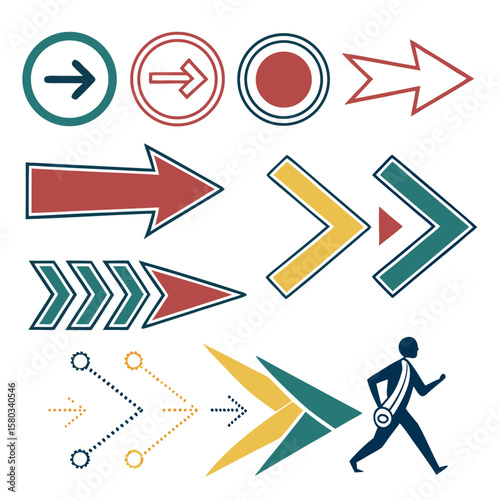 Directional Arrows and Forward Motion Graphics A Variety of Arrows and a Person Moving Forward Representing Progress