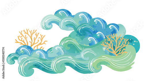 Watercolor ocean wave illustration with coral reef and sea foam forming a beautiful scenery view