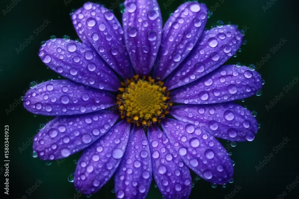 Obraz premium A Close-Up of a Vibrant Purple Daisy with Water Droplets Capturing the Essence of Purity and Serenity
