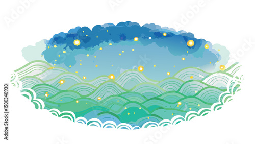 Illustration of a dreamy landscape with green hills, a cloudy sky, and scattered yellow lights scene