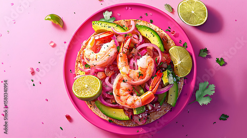 Wallpaper Mural Delicious shrimp tostada with fresh avocado, red onion, and lime on a vibrant pink plate. A modern and colorful presentation of a classic Mexican seafood dish. Torontodigital.ca