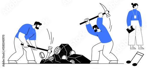 Workers breaking rock with tools, supervised by a woman holding a clipboard. Ideal for teamwork, labor, minerals, mining industry, resource management, supervision, perseverance simple flat metaphor