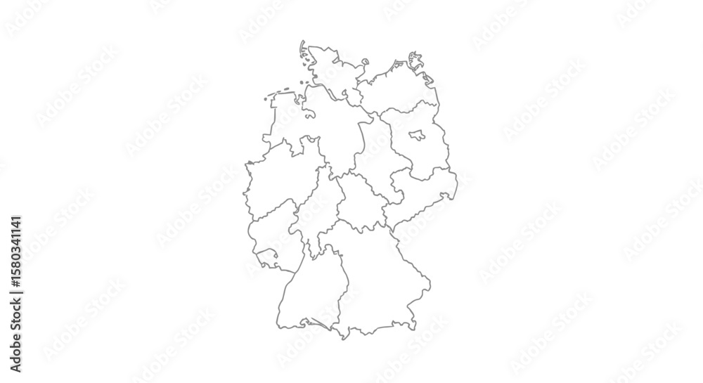 Fototapeta premium Outlined map of Germany, showing the division of states, isolated on white.