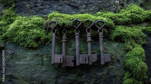 Antique keys on a mossy stone wall