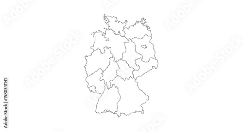 Outlined map of Germany, showing the division of states, isolated on white.