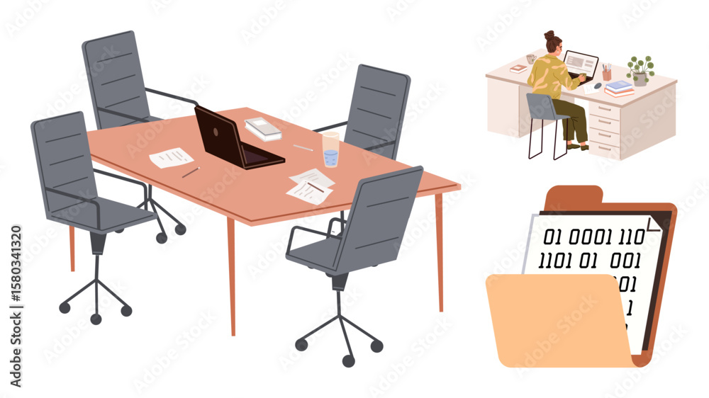 Fototapeta premium Office setup with a meeting table, chairs, laptop, scattered papers, individual working at a desk, and data visualization in a folder. Ideal for teamwork, remote work, organization collaboration