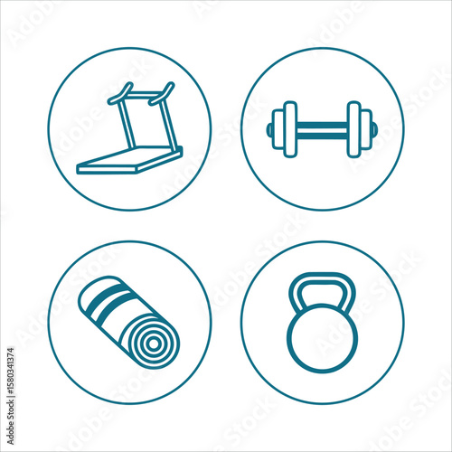 Gym Equipment Icon Set – Dumbbells, Treadmill, Mat, Kettlebell, Rope